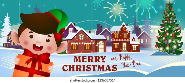 Merry Christmas and happy New Year banner with cheerful elf holding gift on winter town background. Lettering with realistic elements can be used for invitations, signs, announcements