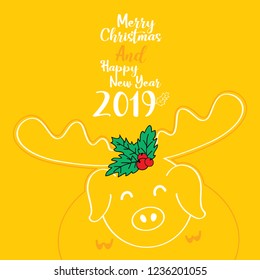 Merry Christmas and Happy new year 2019, Year of the pig, Cute piggy greeting card on yellow background