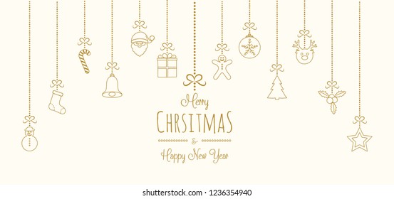 Merry Christmas and Happy New Year - greeting card with hanging ornaments. Vector.
