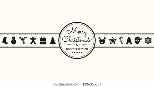 Merry Christmas and Happy New Year - banner with wishes and ornaments. Vector.