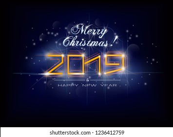 Merry Christmas and Happy New Year 2019. Abstract Holiday Vector Illustration With 2019 Lettering Composition.