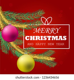 Merry Christmas and Happy New Year card with yellow,purple balls and fir-tree, Vector illustration.