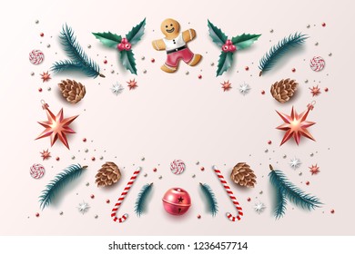 Merry christmas, happy new year background with traditional decoration symbols. Christmas greeting card, invitation, sale vector poster with spruce tree, cane candy, gingerbread man, holly jingle bell