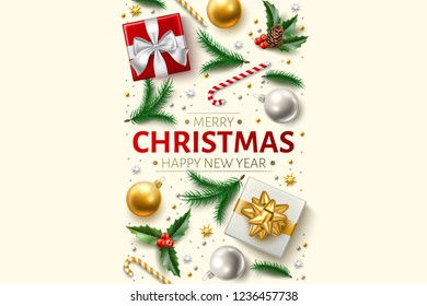 Merry christmas, happy new year background with vector traditional decoration symbols. Christmas greeting card, invitation, sale poster with spruce tree, cane candy, present boxes with bow, holly