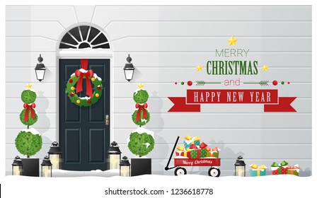 Merry Christmas and Happy New Year background with decorated Christmas front door , vector , illustration