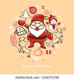Merry christmas And Happy New Year. Cute Santa claus, Snowman, Deer, Hat and Snowflakes. Vector illustration.