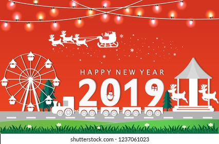 Merry Christmas and Happy New Year in the paper cut amusement park vector/illustration