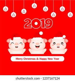 Merry Christmas and Happy New Year. Cute Pig in a Santa's red cap.