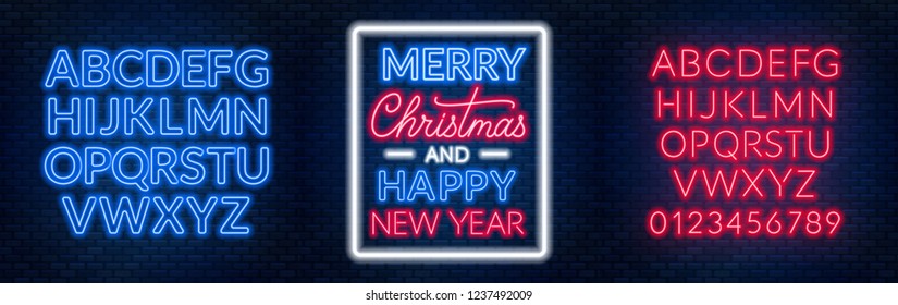 Merry Christmas and happy new year. Neon lettering with fonts.