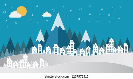 Merry Christmas and Happy New Year. with hill houses. blue background.