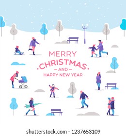 Merry Christmas and a Happy New Year greeting card. People a strolling in the city park. Outdoor activities. Vector illustration.