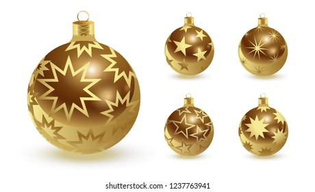 Merry Christmas and Happy New Year! Realistic Christmas glass balls with a pattern of gold stars. Set of festive vector images.