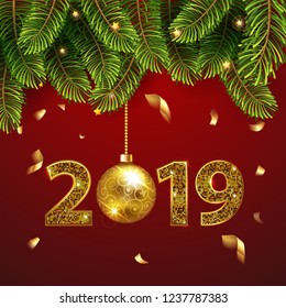 Merry Christmas and Happy New Year 2019 greeting card with Chrirstmas decor fir twigs and confetti, gold christmass ball and numbers 2019. Vector illustration. EPS 10