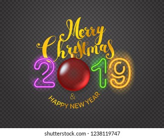 Merry Christmas and Happy New Year 2019 greeting vector card. Vector