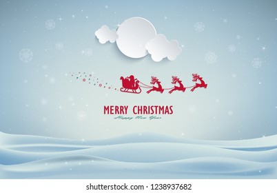 Merry Christmas and Happy New Year. Santa Claus and reindeer flying red silhouette in christmas day. moon and cloud paper art and digital craft style.