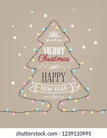 Merry Christmas and Happy new year text in the shape of tree with light bulbs. Winter vector illustration