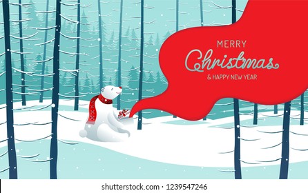 Merry Christmas, happy new year, Polar Bear,  landscape winter, vector illustration.