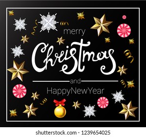 merry Christmas and happy new year, postcard, snowflakes, candy, stars, serpentine, 3D vector on black background