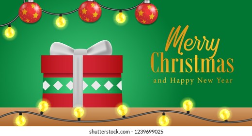 Merry Christmas and happy new year banner template with gift box present on the table with lamp decoration on the room with green wall. vector illustration.