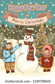 Merry Christmas and Happy New Year card, poster, cartoon colorful drawing, vector illustration, holiday background. Cute boy, girl and snowman with decorated spruce tree against a forest with snow