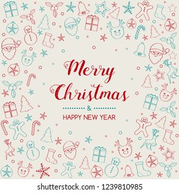 Merry Christmas and Happy New Year - card with hand drawn decorations. Vector.