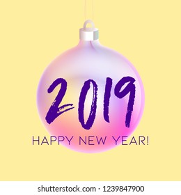Merry Christmas and Happy New Year greeting card with colorful holographic bauble , modern neon foil color gradients. Holiday night illustration in futuristic glow style.