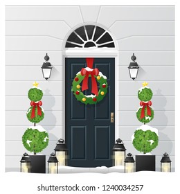 Merry Christmas and Happy New Year background with decorated Christmas front door , vector , illustration