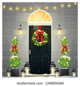 Merry Christmas and Happy New Year background with decorated Christmas front door , vector , illustration