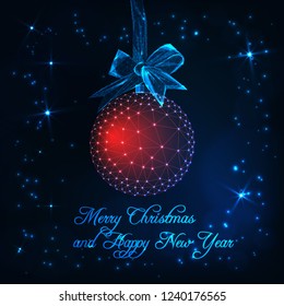 Merry Christmas and Happy New Year gteeting  card template with red glowing low poly decoration ball with ribbon bow, stars and text on dark blue background. Futuristic wireframe vector illustration.