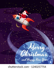 Merry Christmas and Happy New Year. Santa Claus on a rocket flies in space around the Earth. Winter, stars, vector, illustration, greeting, banner, poster, isolated