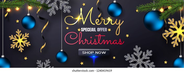 Merry Christmas and Happy New year Promotion Poster or banner with snop now  blue christmas tree, ball, lights, golden ribbon and confetti snowflake. Promotion or shopping template Christmas. Vector 