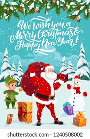 Merry Christmas and happy New Year greeting card. Vector Santa Claus and elf, gift box and sack of presents, snowman. Winter holiday celebration, forest in snow, fairy character and fir with cones