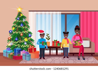 merry christmas happy new year family sitting living room pine tree home interior decoration winter holiday concept flat horizontal