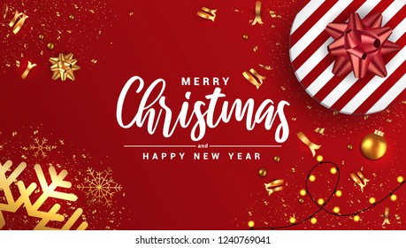 Merry Christmas and Happy New Year banner, typographical red background with lights, bulbs and elements. Vector Illustration