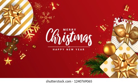 Merry Christmas and Happy New Year banner, typographical red background with lights bulb and elements. Vector Illustration