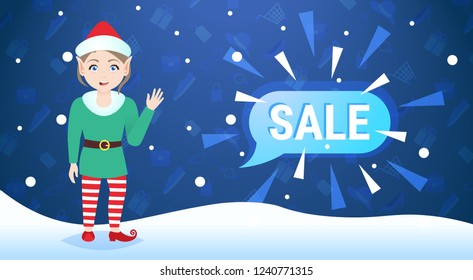 merry christmas happy new year holiday big sale concept waving elf girl chat bubble special offer promotion flat