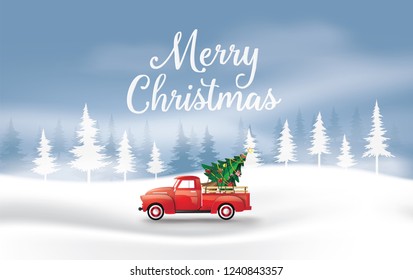 Merry Christmas and Happy New Year  with red truck and christmas tree. paper art 3D style.