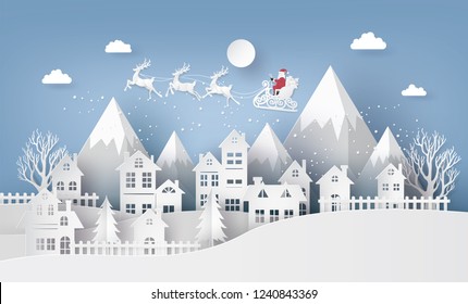 Merry Christmas and Happy New Year. Illustration of Santa Claus on the sky coming to City ,paper art  3D and craft style