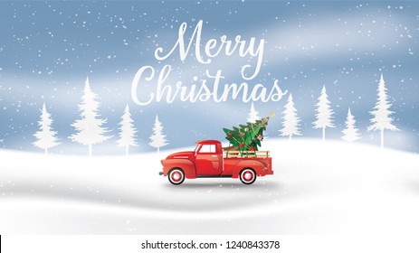 Merry Christmas and Happy New Year  with red truck and christmas tree. paper art 3D style.