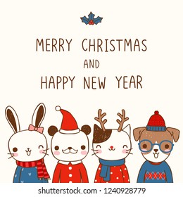 Merry christmas and happy new year greeting cards. Cute cartoon rabbit, bear, cat and dog smiling in winter costume. Flat design. Colored vector illustration.