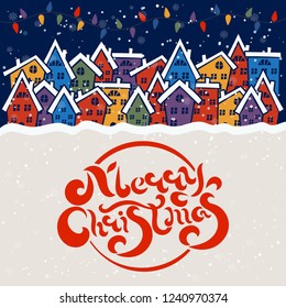 Merry Christmas and Happy New Year winter holidays greeting card with holidays objects. Vector illustration