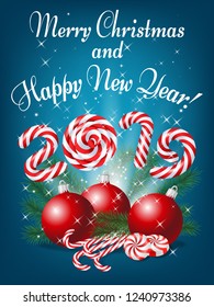 Merry Christmas and Happy New Year 2019 greeting card, vector illustration.