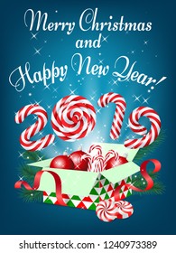 Merry Christmas and Happy New Year 2019 greeting card, vector illustration.