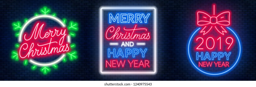 Merry Christmas and happy new year neon lettering on dark background.