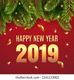 Merry Christmas and Happy New Year 2019 greeting card with Christmas decor fir tree branches, confetti and numbers 2019 in knitted red classic background. Vector illustration. EPS 10