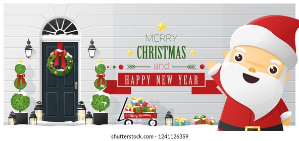 Merry Christmas and Happy New Year background with decorated Christmas front door and Santa Claus , vector , illustration