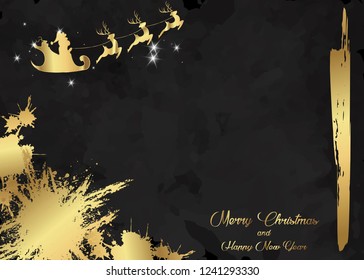 Merry Christmas and a Happy New Year, Santa Claus of gold with a reindeer flying. Elegant luxury brochure, card background cover. Black and golden abstract watercolor texture grunge paint splat frame 