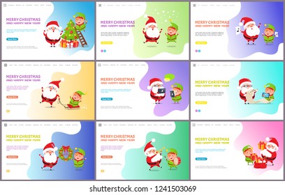 Merry Christmas and happy New Year, winter holidays vector. Santa Claus decorating evergreen pine tree with elf, carrying presents for children wreath