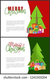 Merry Christmas and happy New Year wishes, lettering inscriptions samples. Postcard with green Xmas trees with cones, presents in decorative wrappings