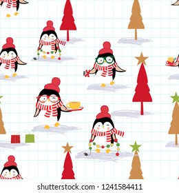 Merry Christmas and Happy New year Penguin,Christmas Cute animal cartoon Character,Happy Christmas theme in snow and winter scene,illustration vector by freehand doodle comic art